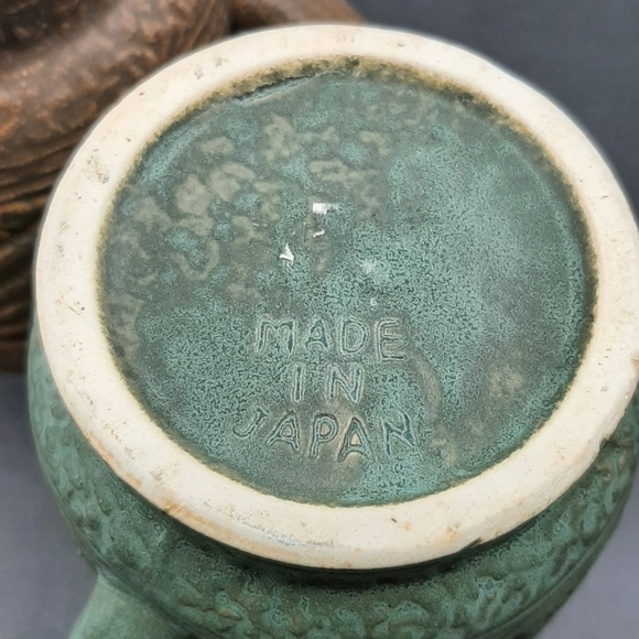 Vintage Pottery Stackable Coffee Mugs Tiki Looking Green Brown Made in Japan - Picture 6 of 6